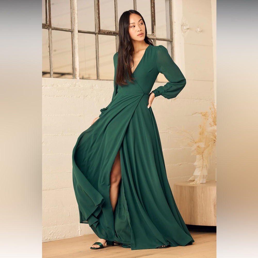 Lulu’s My Whole Heart Emerald Green Long Sleeve Wrap Dress